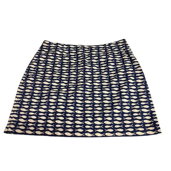 Garnet Hill Skirt 10 Navy Blue Fish Print Zip Woven *please read* - Picture 1 of 10
